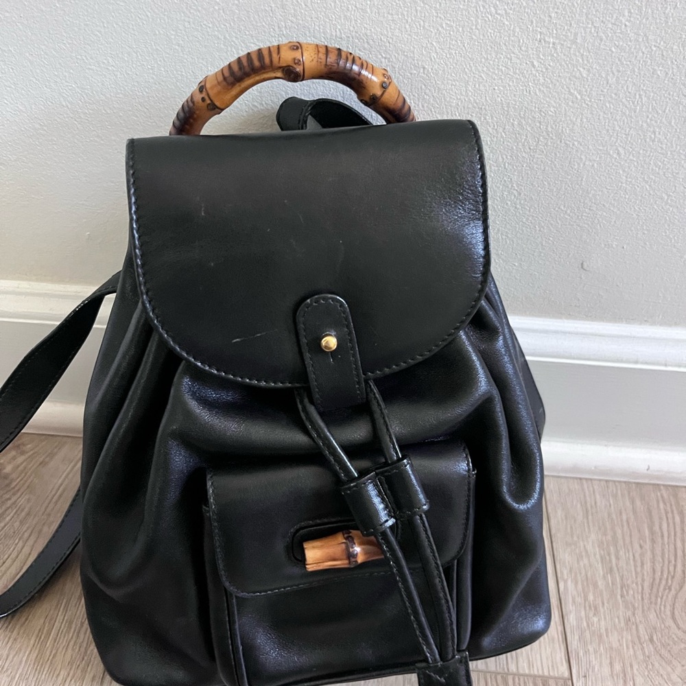 90s Gucci Black and Brown Leather Backpack with Bamboo Handle